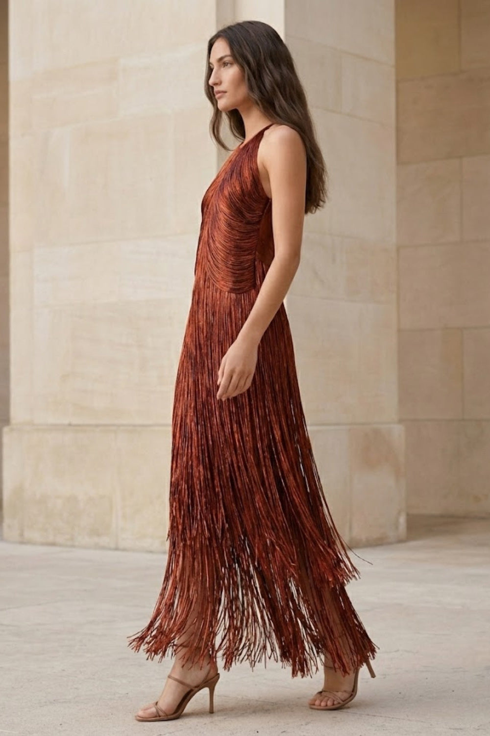 Copper Sheath Halter Ankle-Length Formal Dress with Fringes