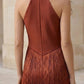 Copper Sheath Halter Ankle-Length Formal Dress with Fringes