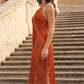 Orange Sheath Halter Midi Formal Dress with Fringes