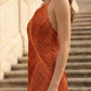 Orange Sheath Halter Midi Formal Dress with Fringes