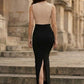 Black and White Sheath Square Neck Maxi Beaded Formal Dress