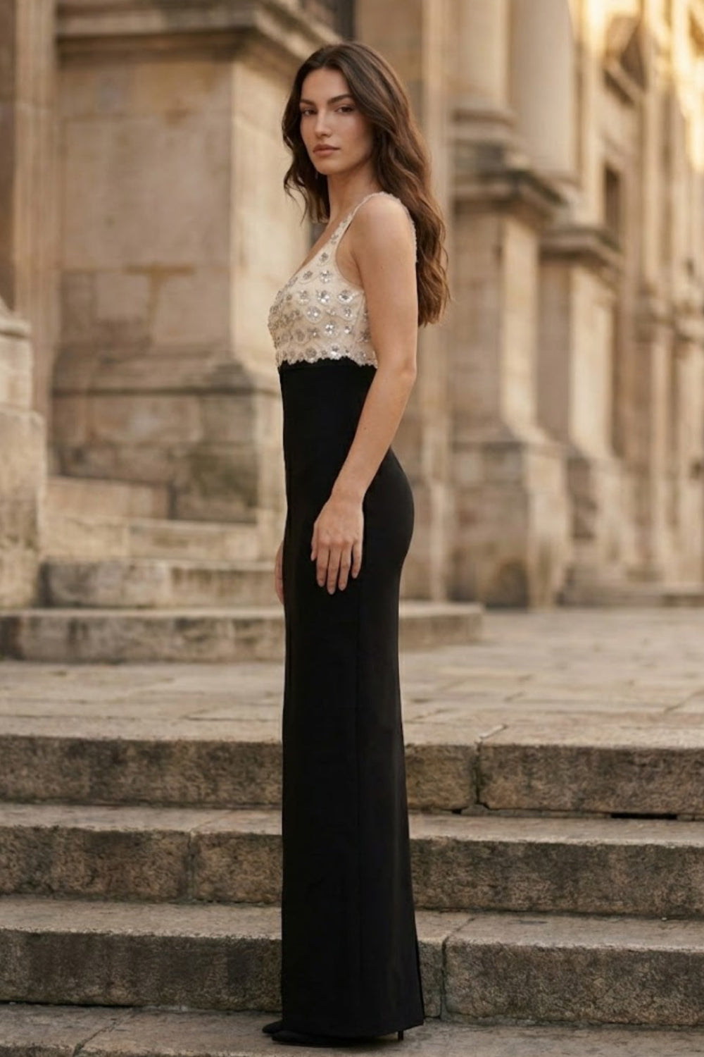 Black and White Sheath Square Neck Maxi Beaded Formal Dress