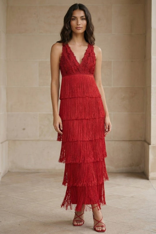 Red Sheath V Neck Long Formal Dress with Ruffles