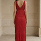 Red Sheath V Neck Long Formal Dress with Ruffles
