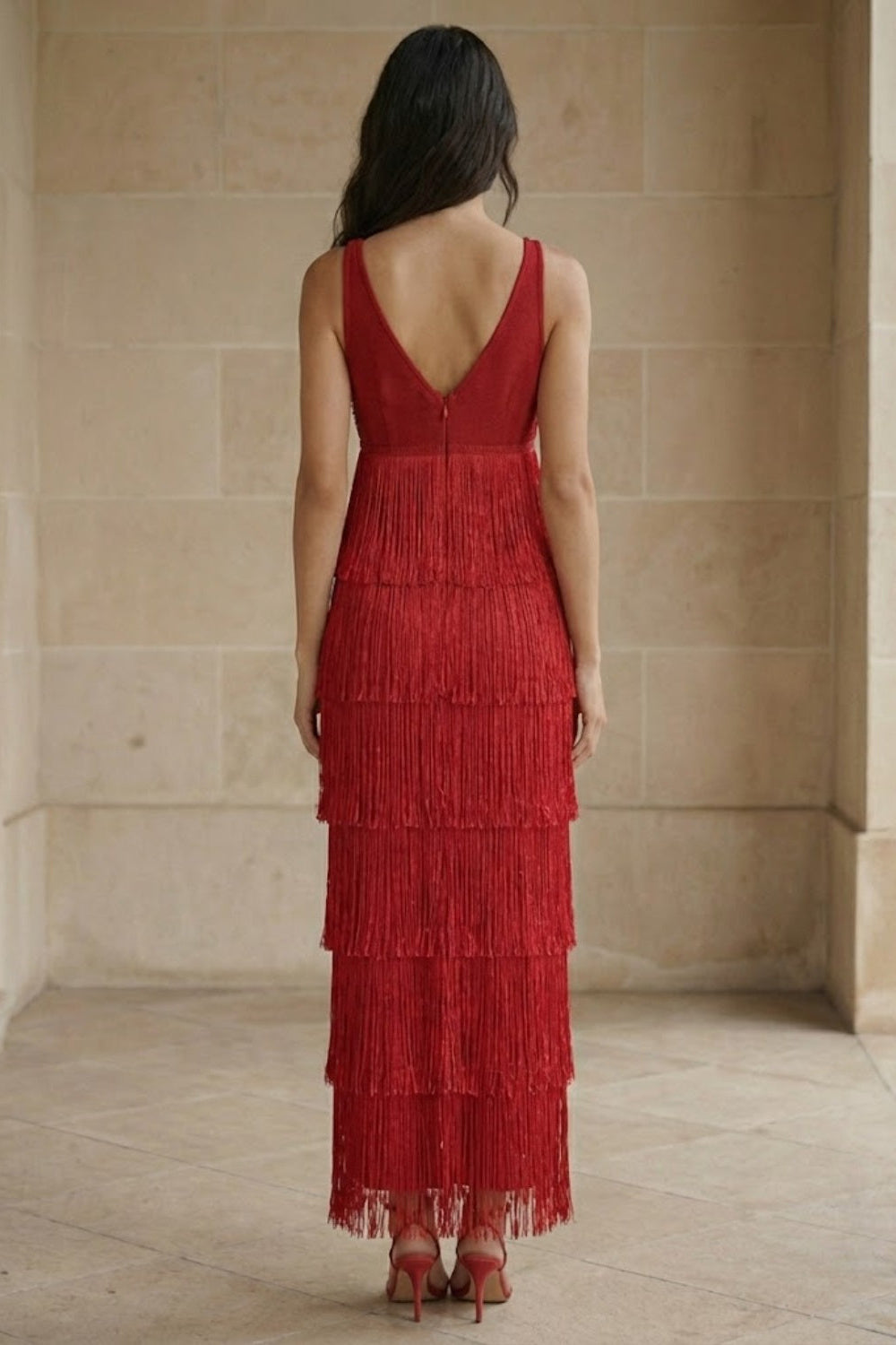 Red Sheath V Neck Long Formal Dress with Ruffles