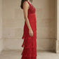Red Sheath V Neck Long Formal Dress with Ruffles