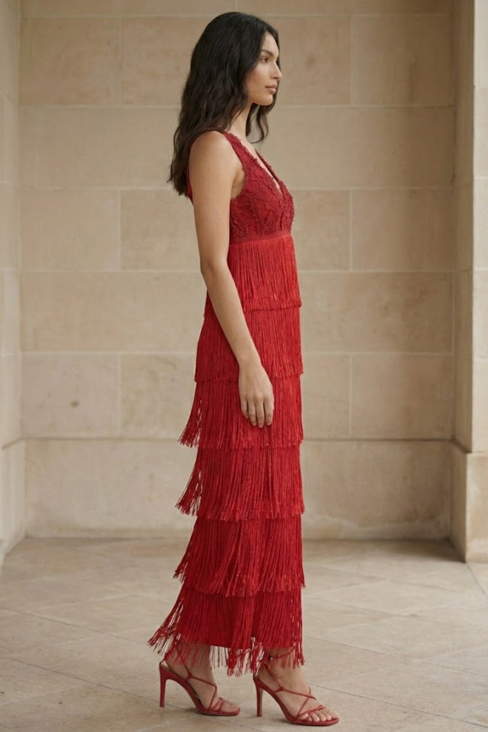 Red Sheath V Neck Long Formal Dress with Ruffles