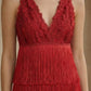 Red Sheath V Neck Long Formal Dress with Ruffles