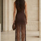 Brown Bodycon Midi Formal Dress with Fringes
