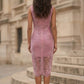 Pink Sheath Round Neck Ruched Midi Formal Dress with Fringes