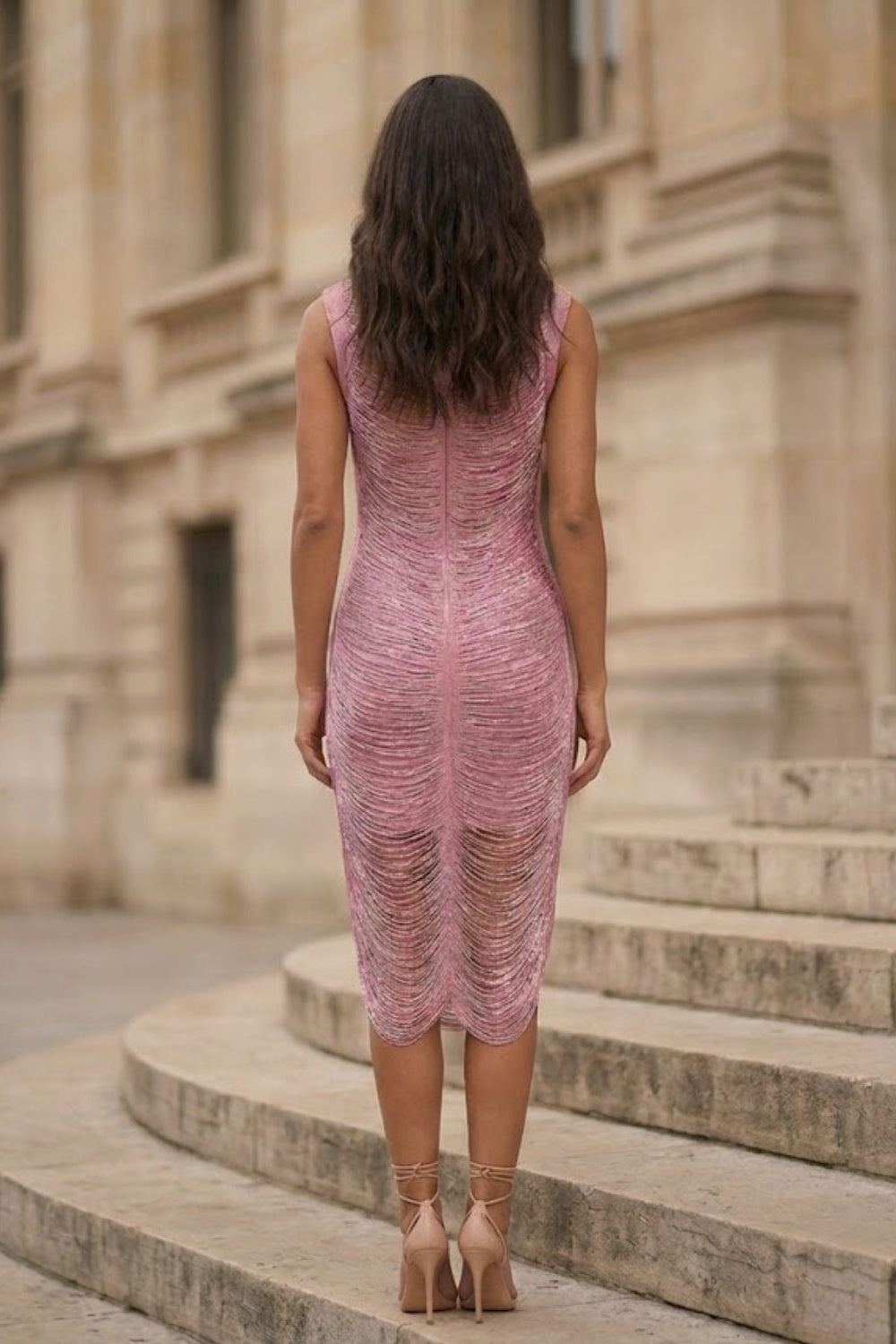 Pink Sheath Round Neck Ruched Midi Formal Dress with Fringes