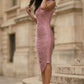 Pink Sheath Round Neck Ruched Midi Formal Dress with Fringes