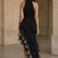 Black High Neck Sheath Ruffled Asymmetrical Formal Dress