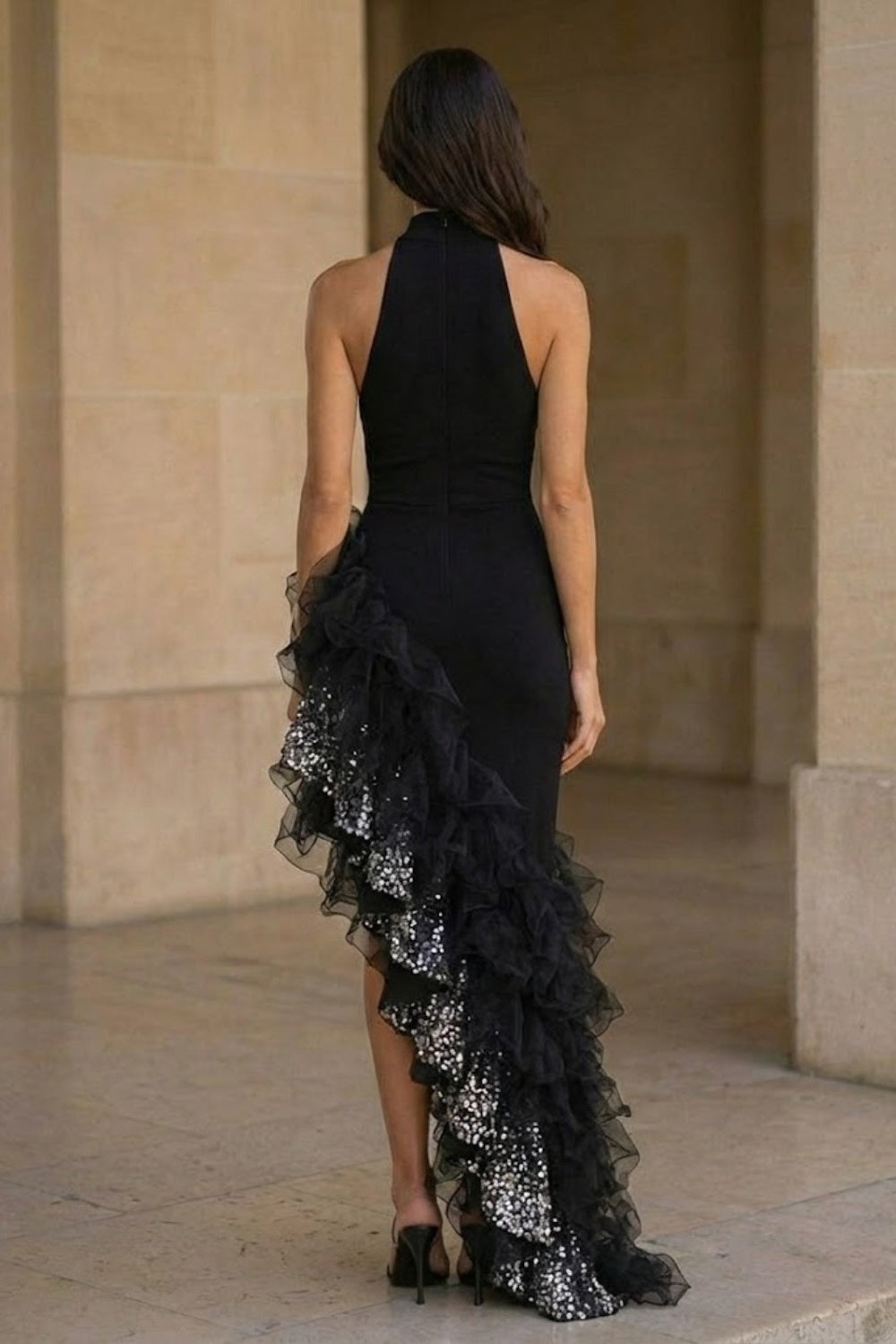 Black High Neck Sheath Ruffled Asymmetrical Formal Dress