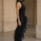 Black High Neck Sheath Ruffled Asymmetrical Formal Dress