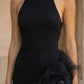 Black High Neck Sheath Ruffled Asymmetrical Formal Dress