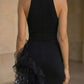 Black High Neck Sheath Ruffled Asymmetrical Formal Dress
