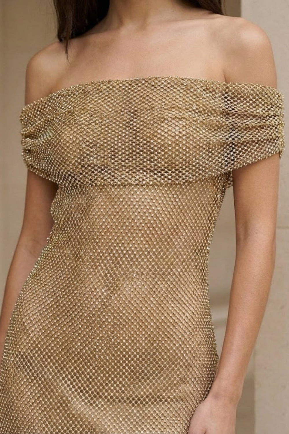 Gold Sheath Off the Shoulder Maxi Formal Dress With Rhinestone