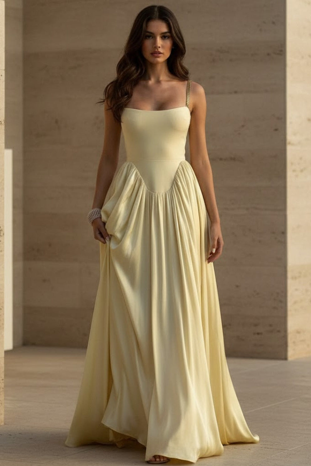 Yellow A-Line Spaghetti Straps Long Formal Dress