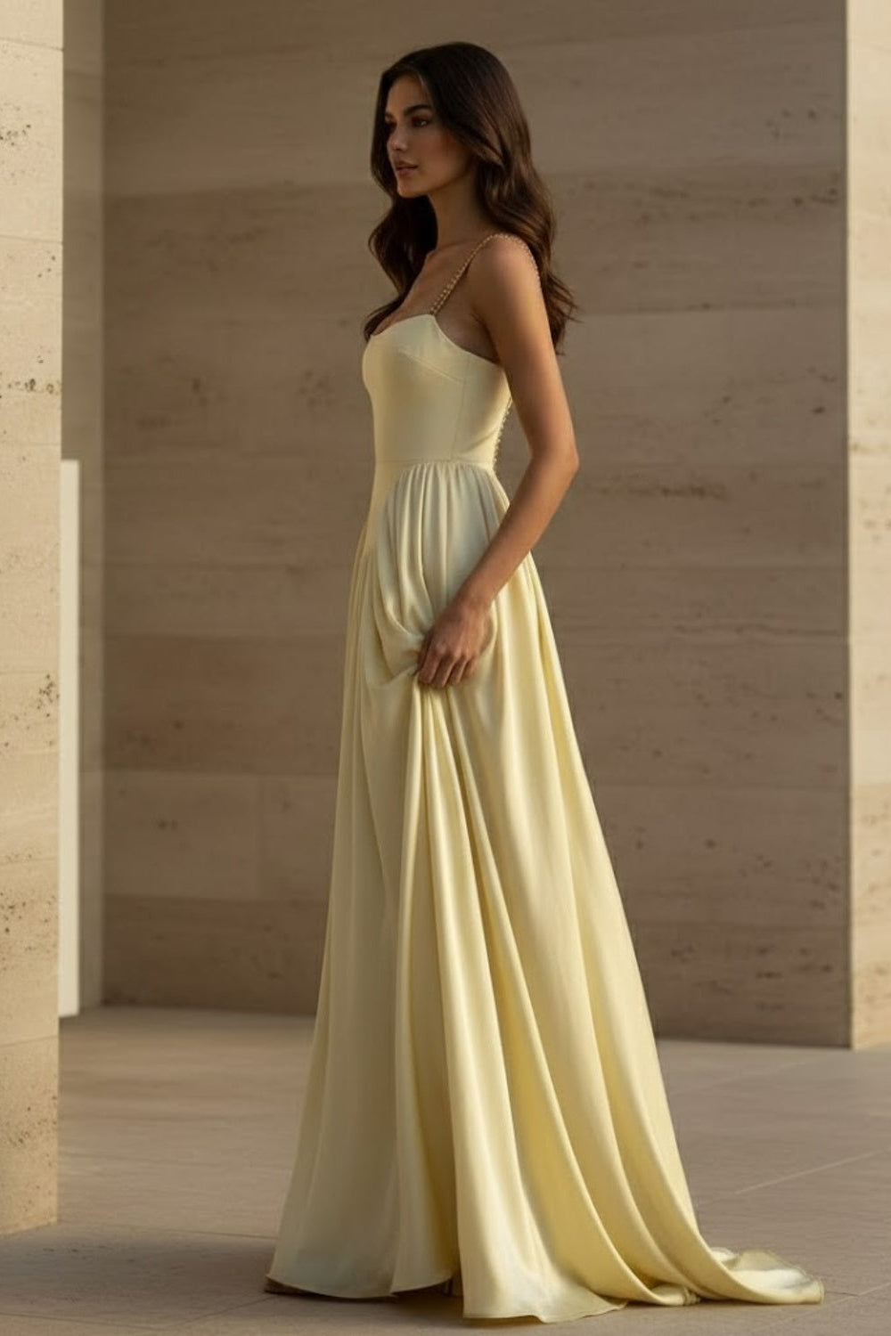 Yellow A-Line Spaghetti Straps Long Formal Dress