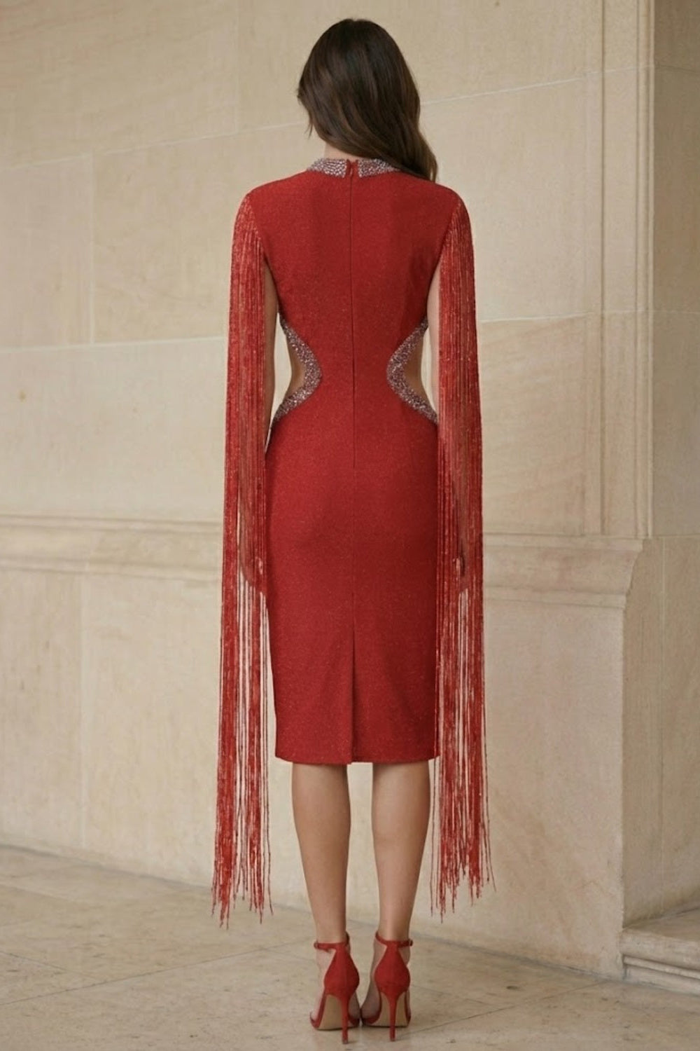 Red Sheath Round Neck Knee Length Prom Dress with Cape