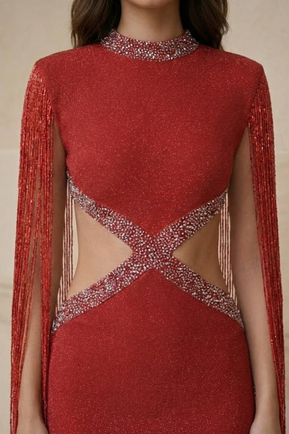 Red Sheath Round Neck Knee Length Prom Dress with Cape