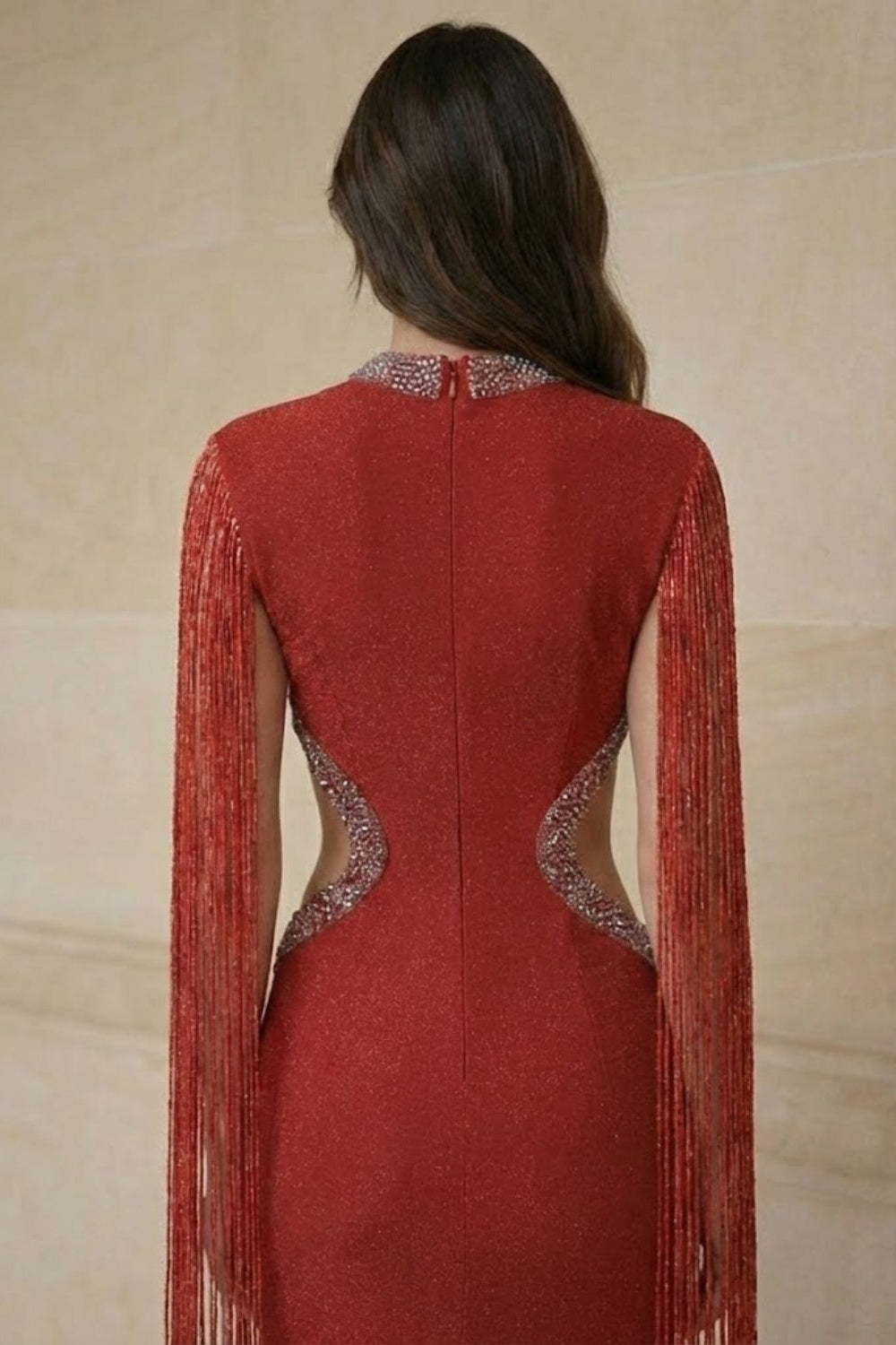 Red Sheath Round Neck Knee Length Prom Dress with Cape