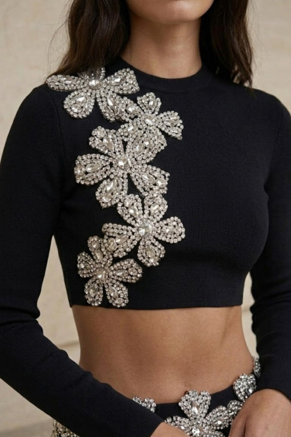 2 Piece Black Sheath High Neck Ankle Length Formal Dress with Rhinestone