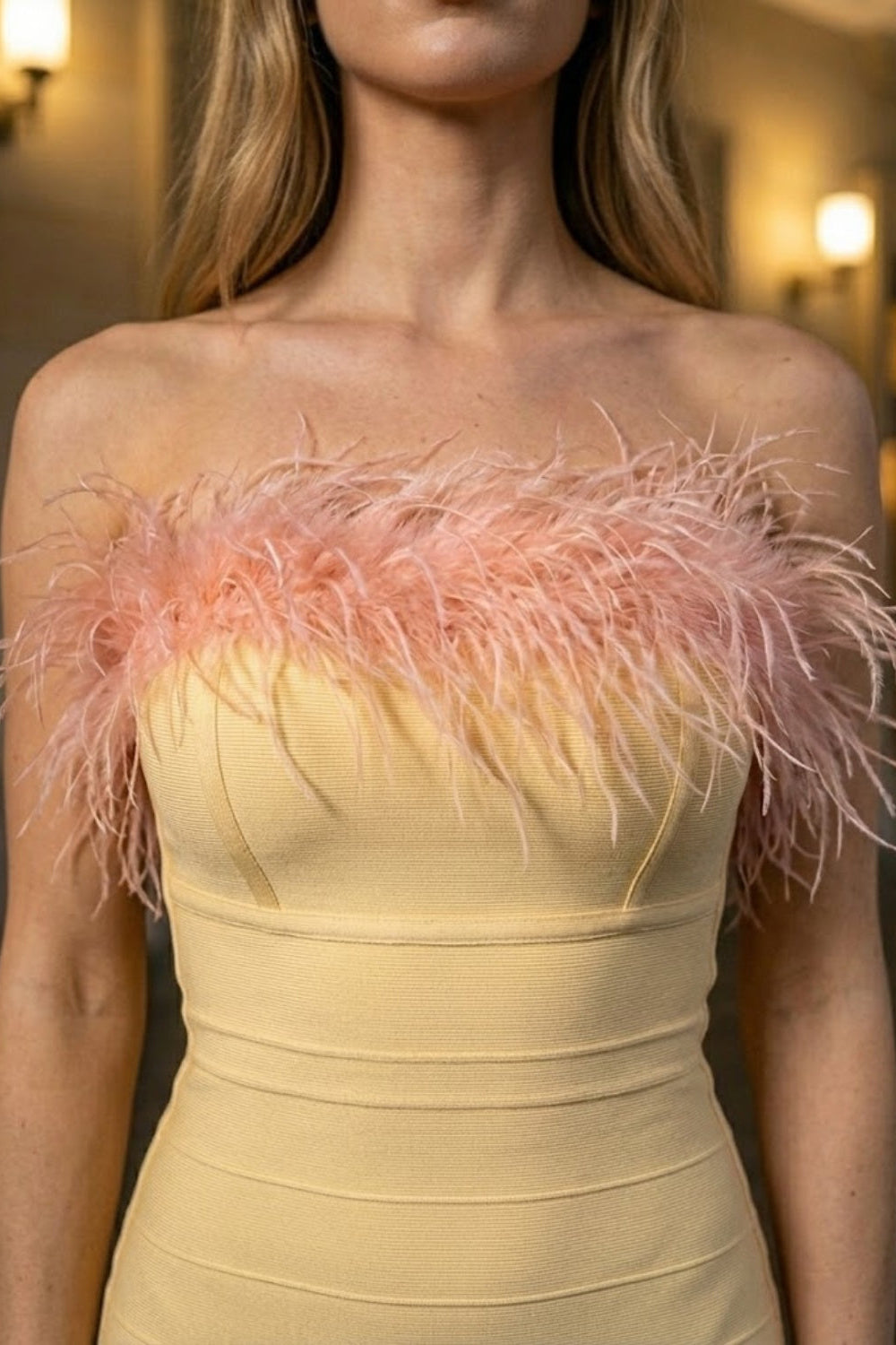 Yellow Bodycon Off the Shoulder Long Formal Dress With Feathers