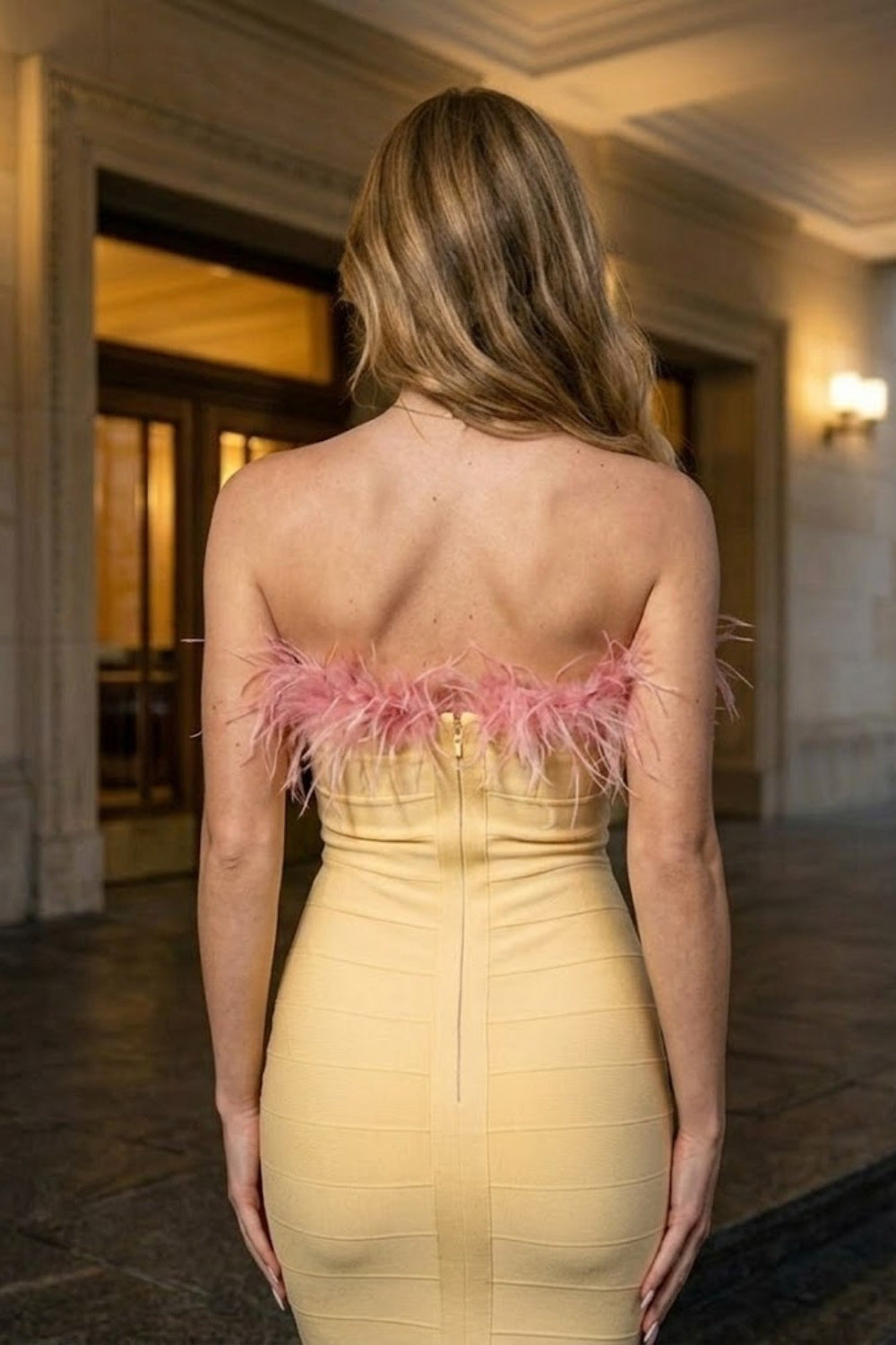 Yellow Bodycon Off the Shoulder Long Formal Dress With Feathers