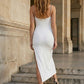 White Bodycon Spaghetti Straps Midi Cocktail Dress with Slit