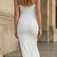 White Bodycon Spaghetti Straps Midi Cocktail Dress with Slit