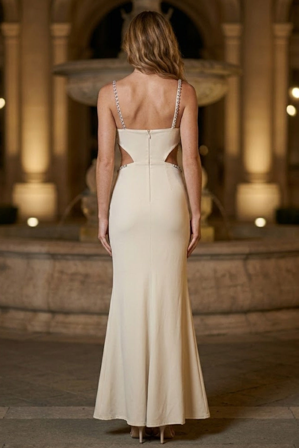 Apricot Mermaid Spaghetti Straps Long Formal Dress with Cut Out