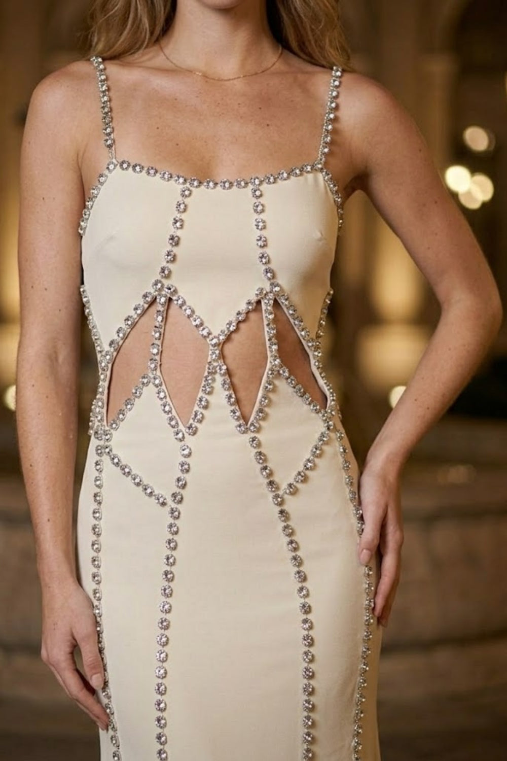 Apricot Mermaid Spaghetti Straps Long Formal Dress with Cut Out