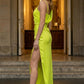 Lemon Green Sheath Asymmetrical Ankle-Length Prom Dress with Slit