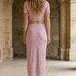 2 Piece Pink Sheath Round Neck Midi Prom Dress with Slit