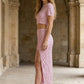 2 Piece Pink Sheath Round Neck Midi Prom Dress with Slit