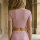 2 Piece Pink Sheath Round Neck Midi Prom Dress with Slit