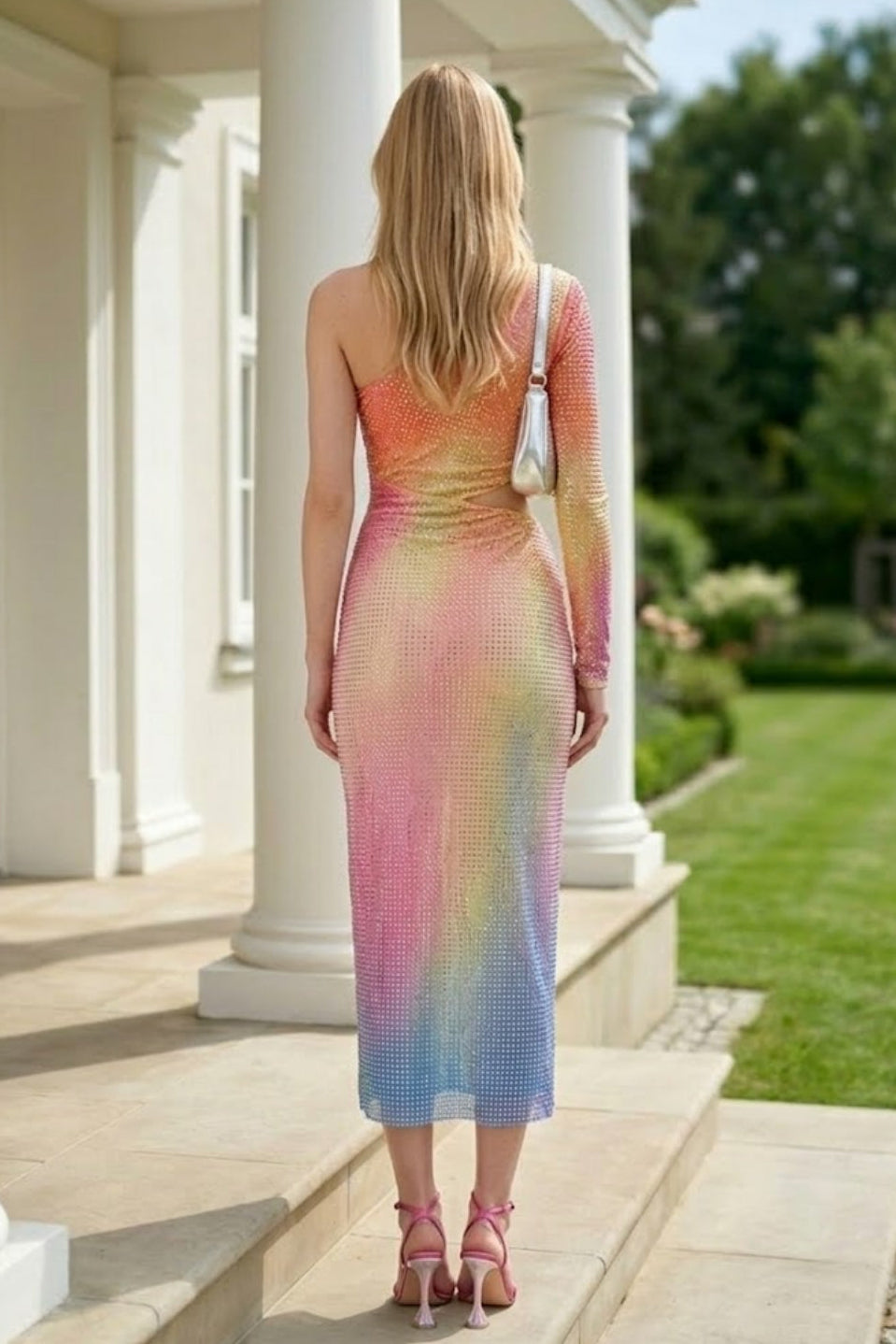 Rainbow Sheath One-Shoulder Ankle Length Prom Dress with Cut Out