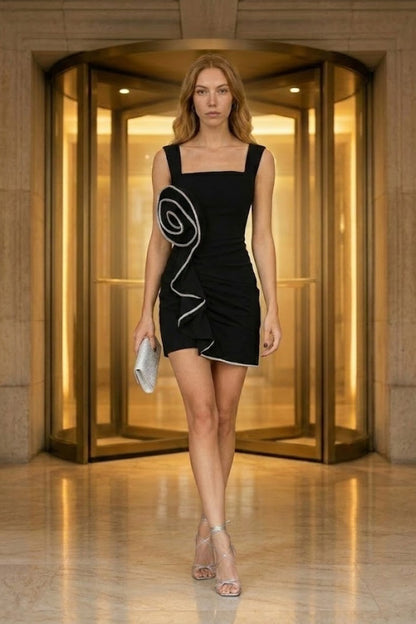 Black Bodycon Square Neck Mini Homecoming Dress with 3D Flower