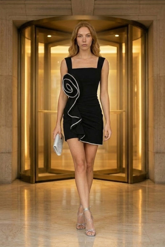 Black Bodycon Square Neck Mini Homecoming Dress with 3D Flower