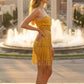 Gold Sheath Strapless Mini Prom Dress with Fringes