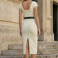 White Bodycon V Neck Midi  Formal Dress with Belt