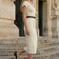 White Bodycon V Neck Midi  Formal Dress with Belt