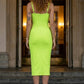 Lemon Green Bodycon Spaghetti Straps Midi Prom Dress with Cut Out