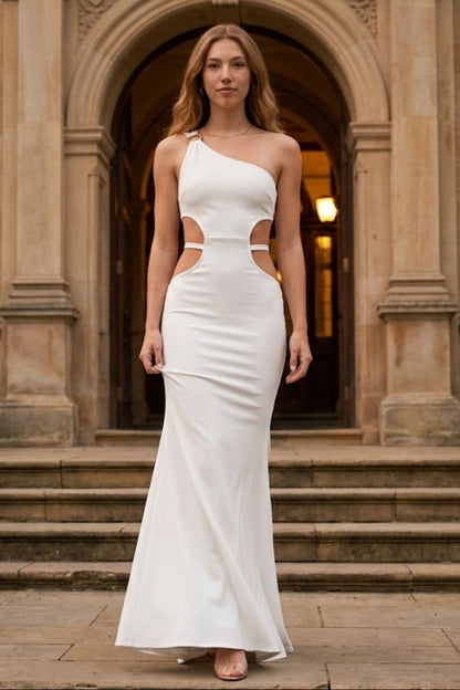 White Mermaid One-Shoulder Long Formal Dress With Cutout