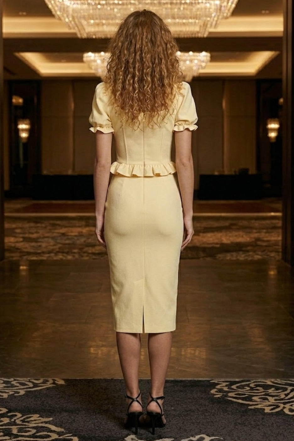 Yellow Bodycon Square Neck Midi Formal Dress With Ruffles