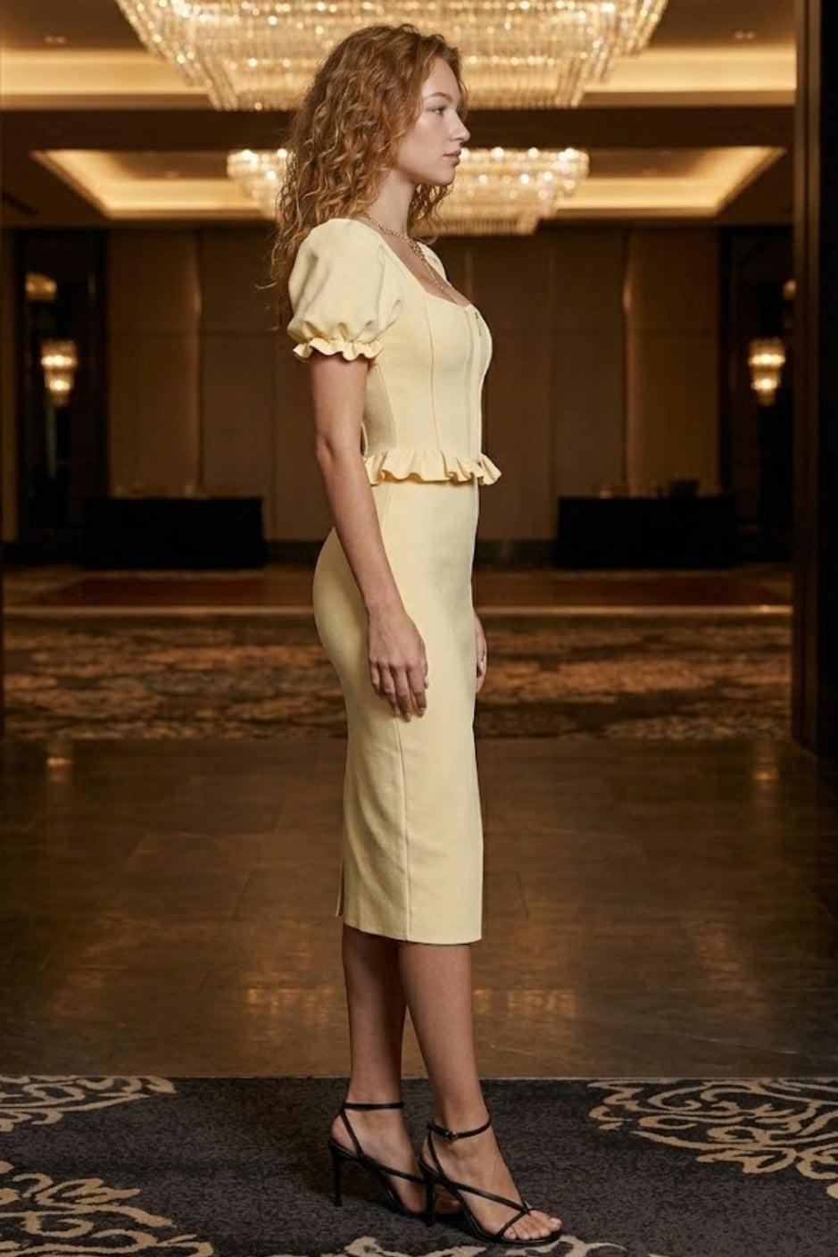 Yellow Bodycon Square Neck Midi Formal Dress With Ruffles