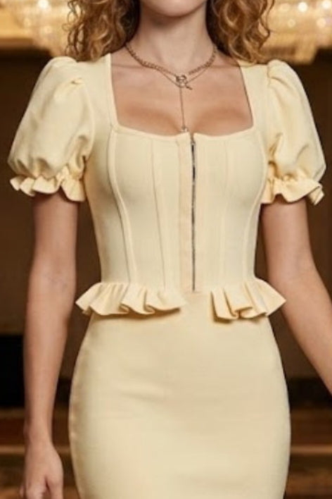 Yellow Bodycon Square Neck Midi Formal Dress With Ruffles