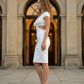 White Bodycon V Neck Midi Prom Dress with Cutout
